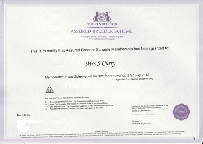 kc assured breeder scheme certificate 2012