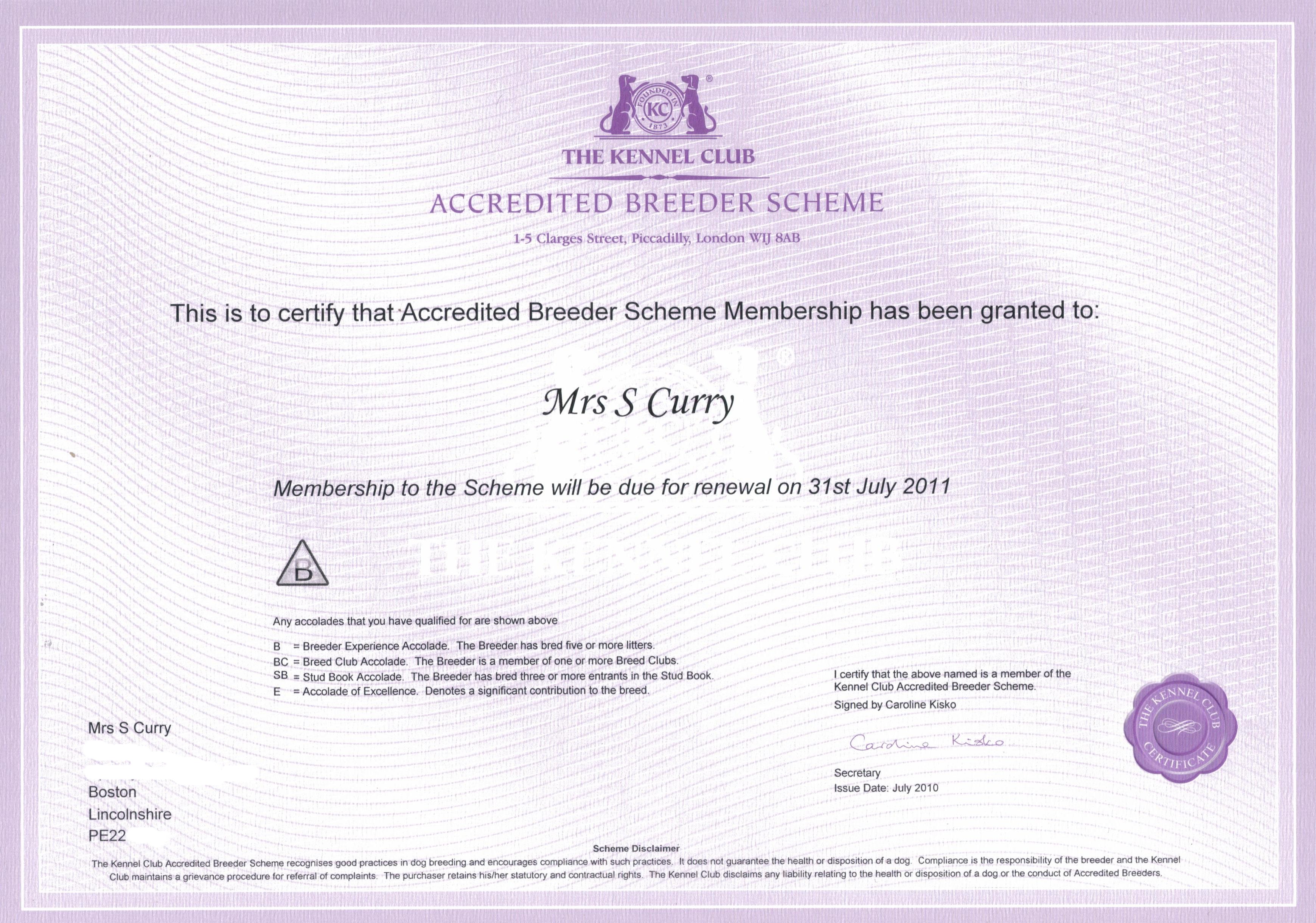 kc accredited breeder scheme certificate